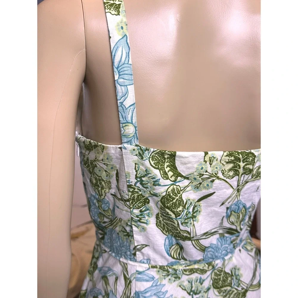 Ann Taylor LOFT Cotton Floral Sundress Blue Green Fit Flare Size 2 Cottage Core‎